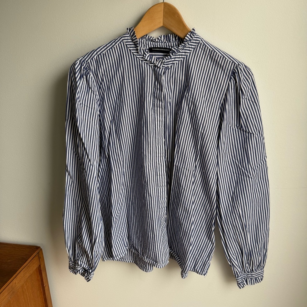 Blue Striped Blouse with Band Collar and Balloon Sleeves